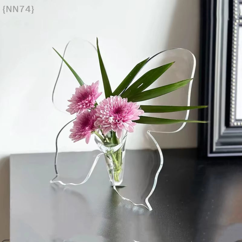 {NN74} Transparent Butterfly Acrylic Flower Vase Three-Dimensional Flower Arrangement Accessories Butterfly Vase Home Decoration