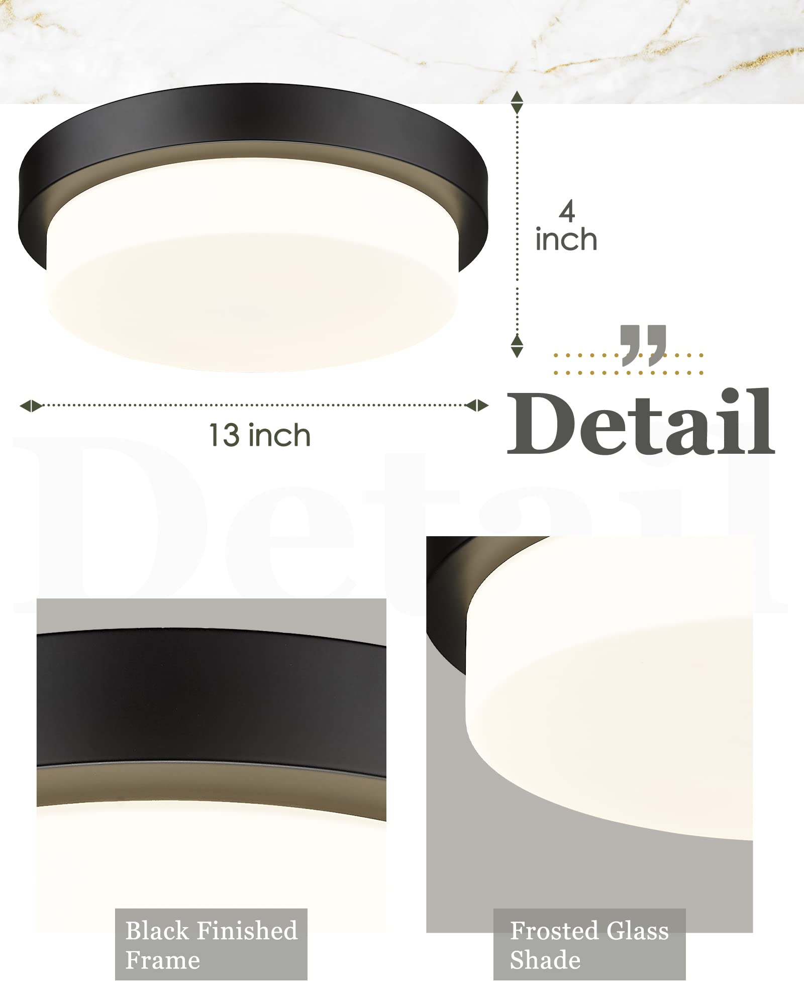 Audickic Black Flush Mount Ceiling Light, 13Inch Close To Ceiling Light Fixtures 24W 2200Lm Dimmable 2700K/3000K/4000K/5000K/600