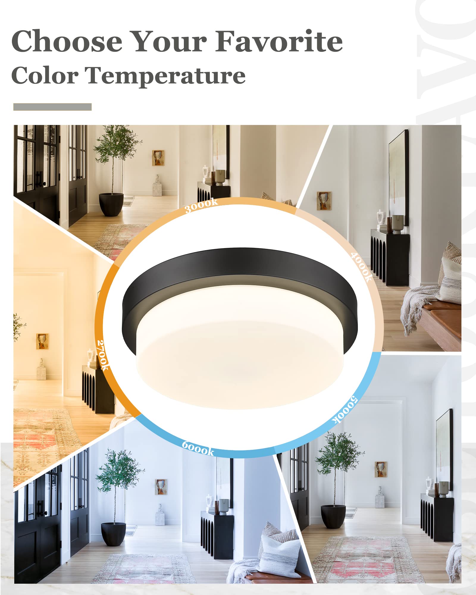 Audickic Black Flush Mount Ceiling Light, 13Inch Close To Ceiling Light Fixtures 24W 2200Lm Dimmable 2700K/3000K/4000K/5000K/600