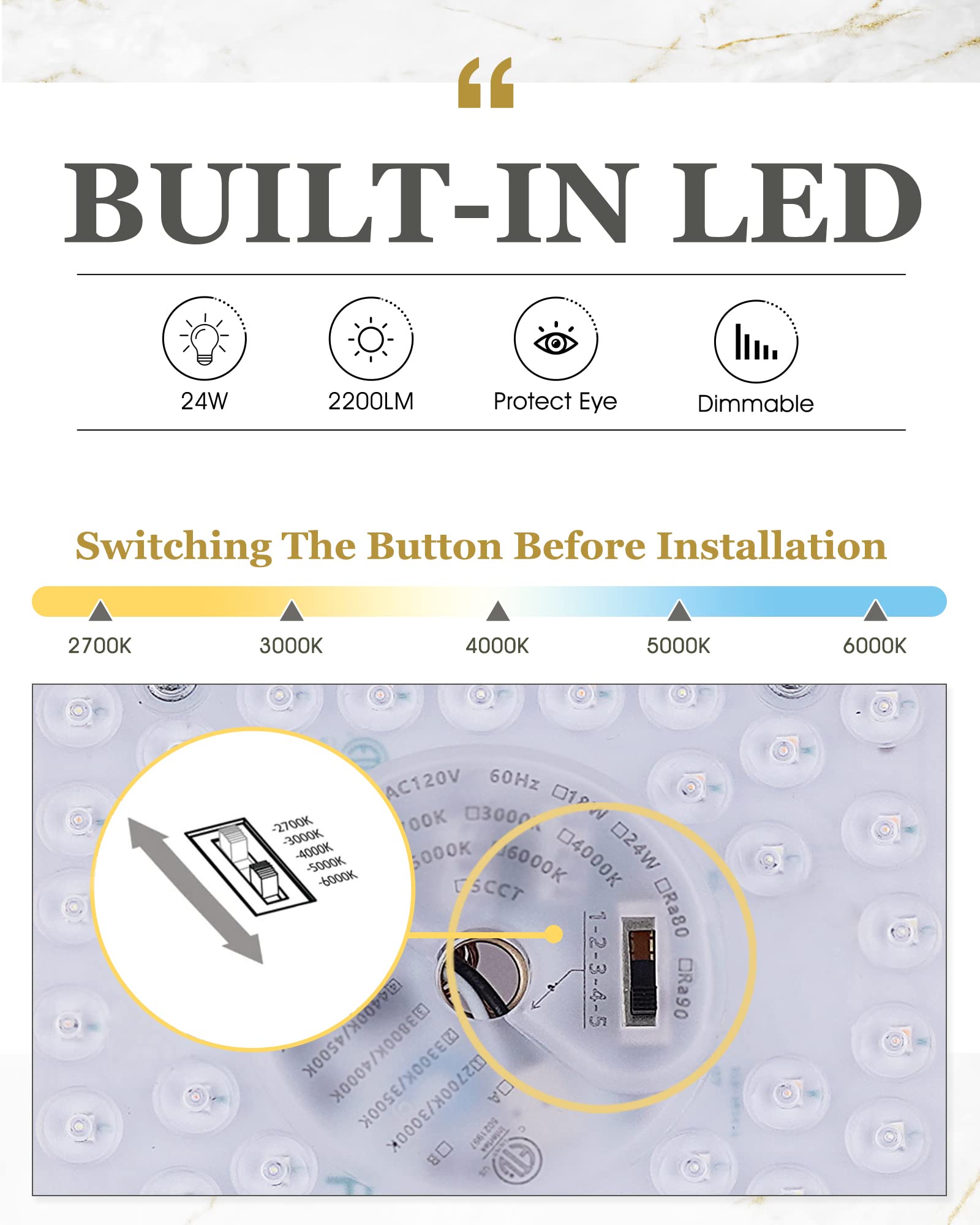 Audickic Black Flush Mount Ceiling Light, 13Inch Close To Ceiling Light Fixtures 24W 2200Lm Dimmable 2700K/3000K/4000K/5000K/600