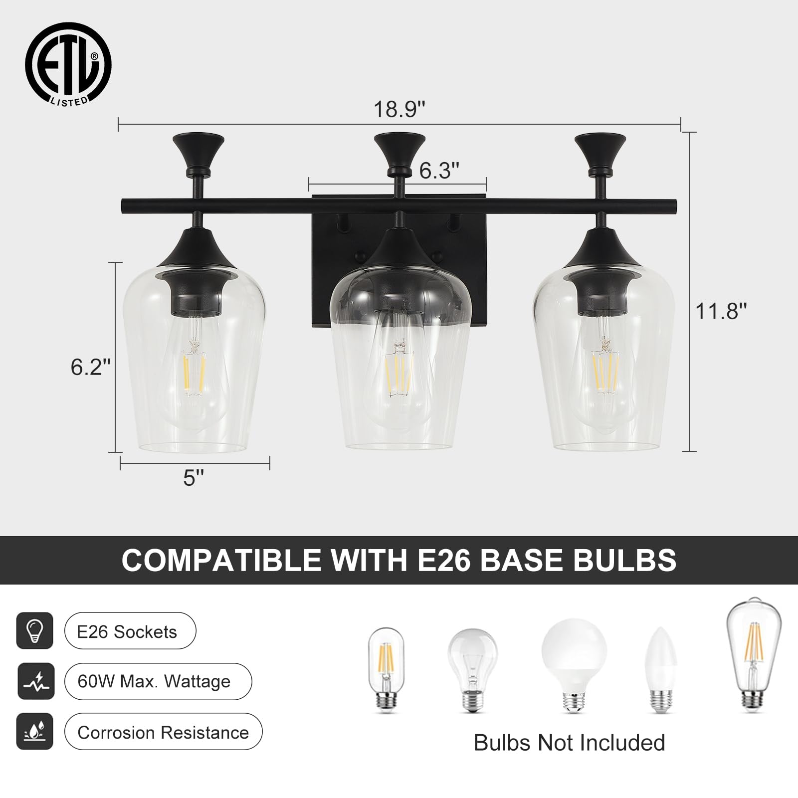 Unicozohome Bathroom Vanity Light, 3 Light Bathroom Light Fixture Over Mirror, Bathroom Wall Lamp With Clear Glass, Modern Matte