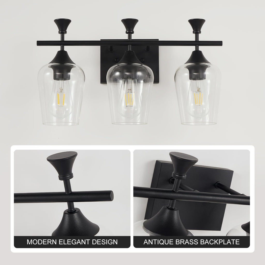 Unicozohome Bathroom Vanity Light, 3 Light Bathroom Light Fixture Over Mirror, Bathroom Wall Lamp With Clear Glass, Modern Matte