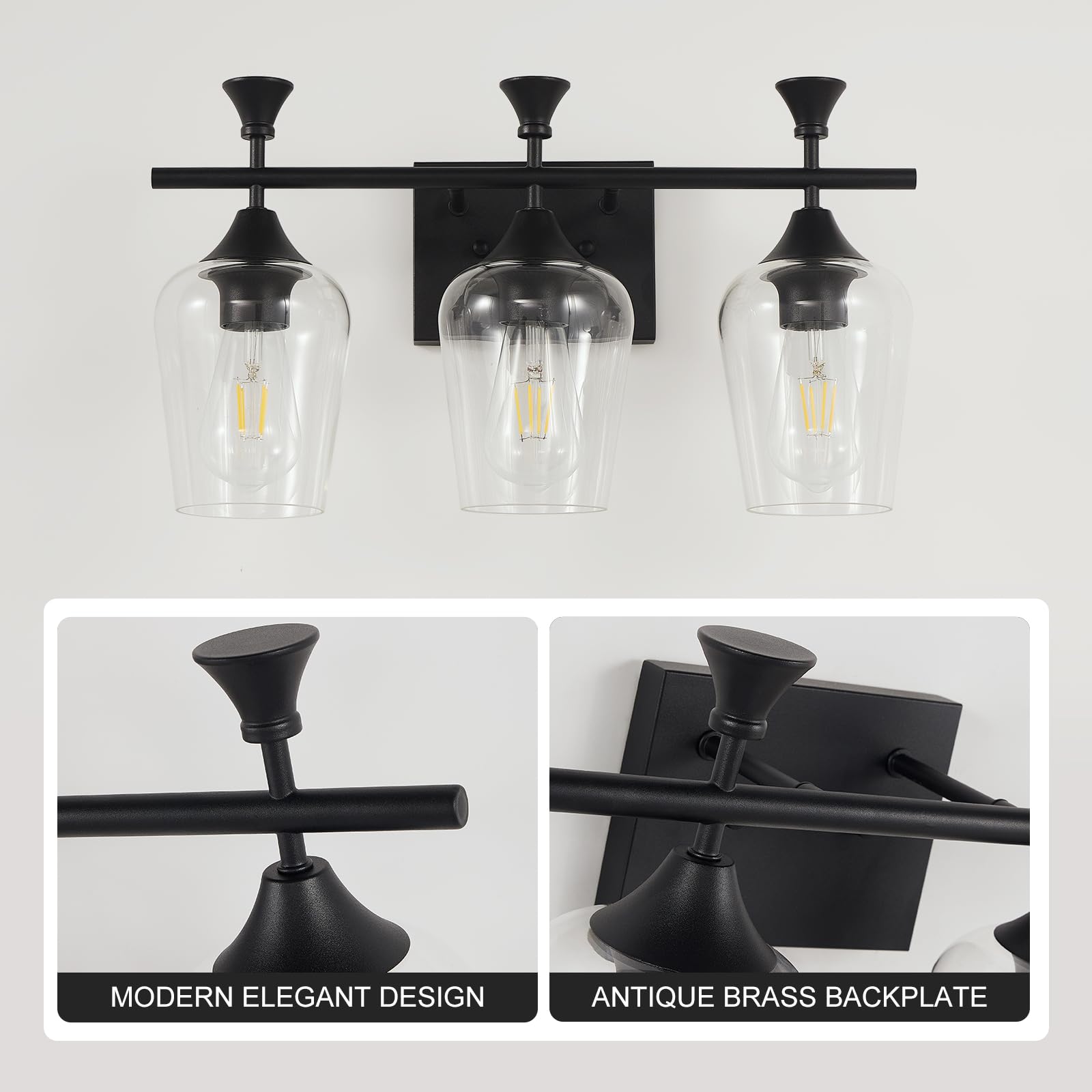 Unicozohome Bathroom Vanity Light, 3 Light Bathroom Light Fixture Over Mirror, Bathroom Wall Lamp With Clear Glass, Modern Matte