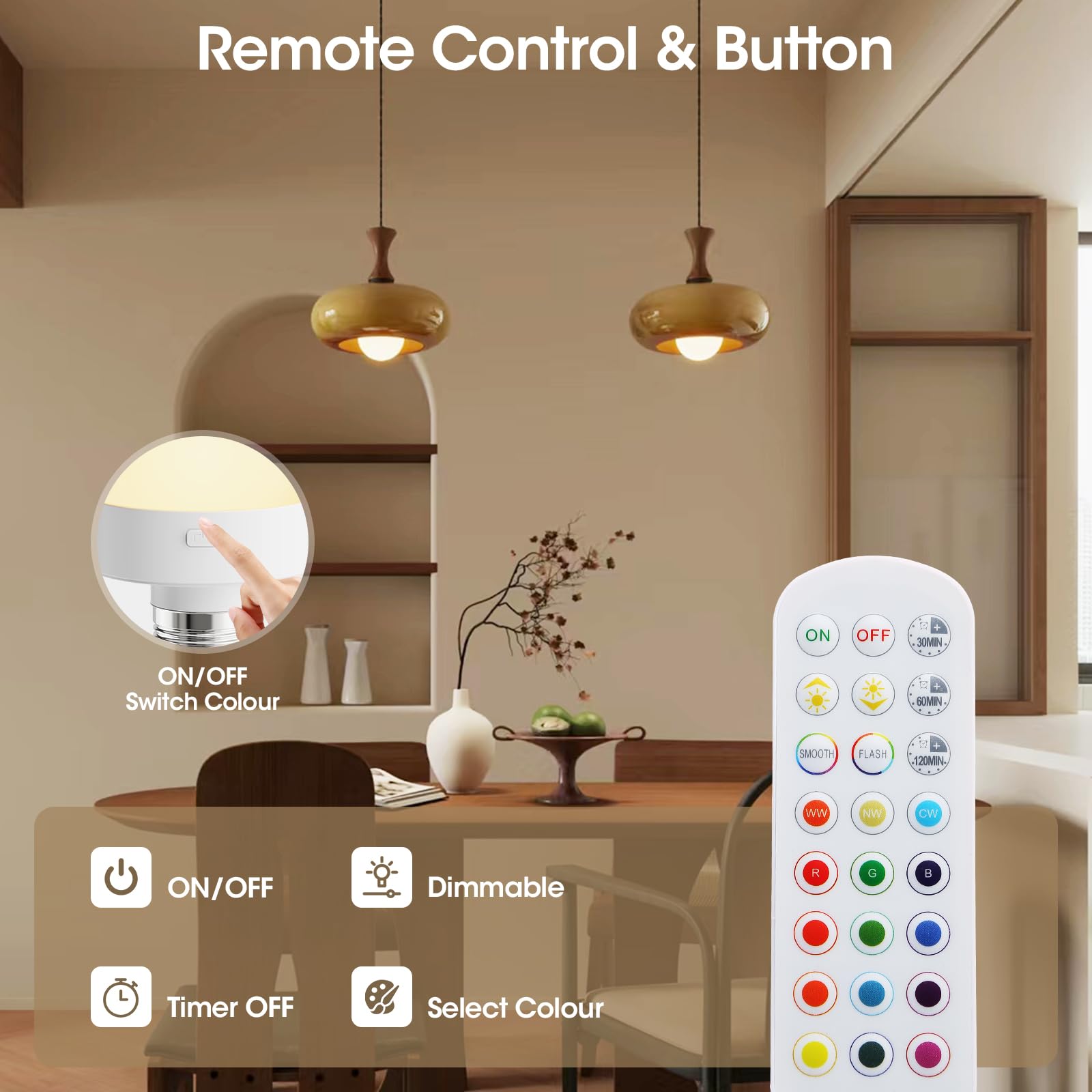 Rechargeable Light Bulbs With Remote - E12 Battery Operated Light Bulb No Electricity, Detachable Magic Light Bulb, 15 Colors &