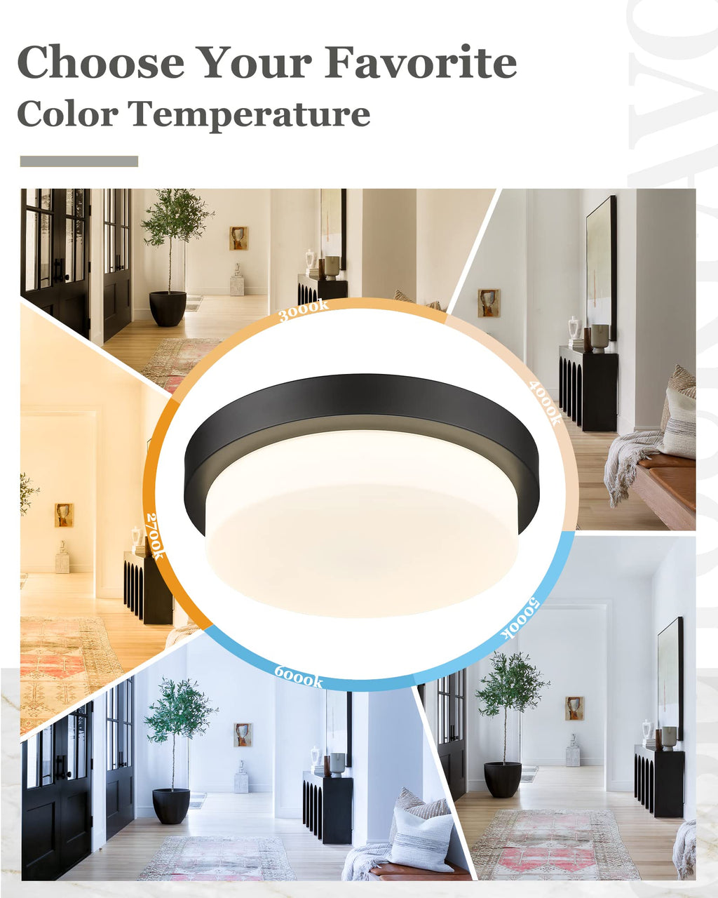 Audickic Black Flush Mount Ceiling Light, 13Inch Close To Ceiling Light Fixtures 24W 2200Lm Dimmable 2700K/3000K/4000K/5000K/600