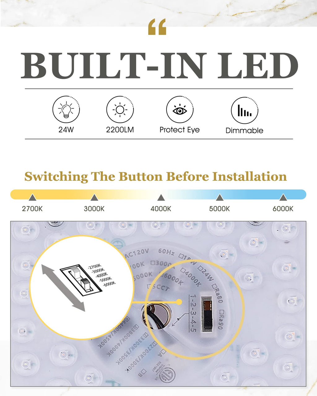 Audickic Black Flush Mount Ceiling Light, 13Inch Close To Ceiling Light Fixtures 24W 2200Lm Dimmable 2700K/3000K/4000K/5000K/600
