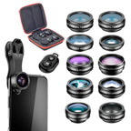 APEXEL Phone Lens Kit Universal 10 in 1 Fisheye Wide Angle Macro Lens CPL Filter Kaleidoscope+2X Telescope Lens for Smartphone