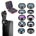 APEXEL Phone Lens Kit Universal 10 in 1 Fisheye Wide Angle Macro Lens CPL Filter Kaleidoscope+2X Telescope Lens for Smartphone
